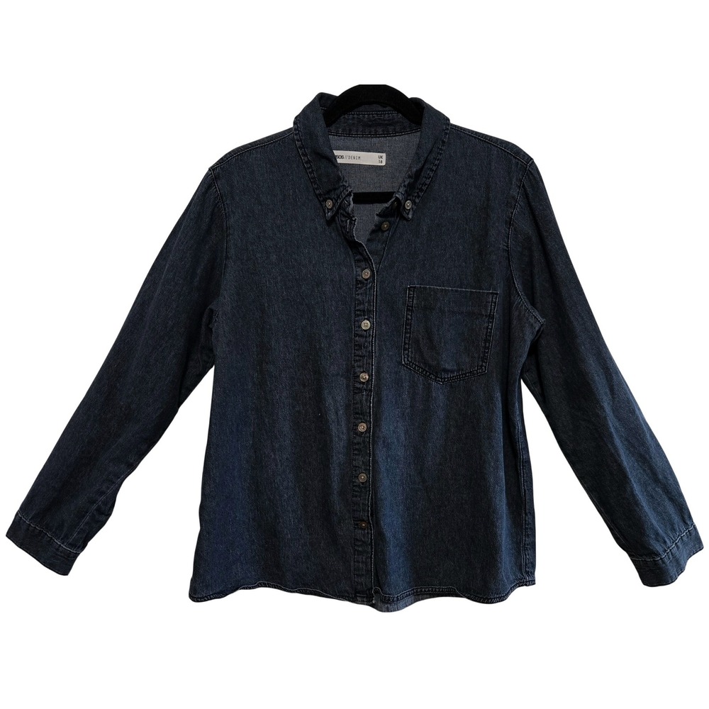 ASOS Indie Chic Denim Shirt Womens 14 Black Wash Cotton Button Down Long Sleeve